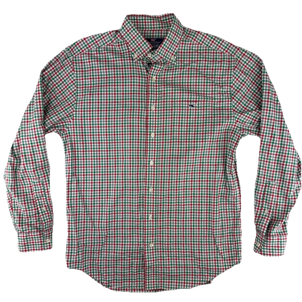 Vineyard Vines Classic Fit Tucker Shirt Mens Medium Cotton Red Green Christmas